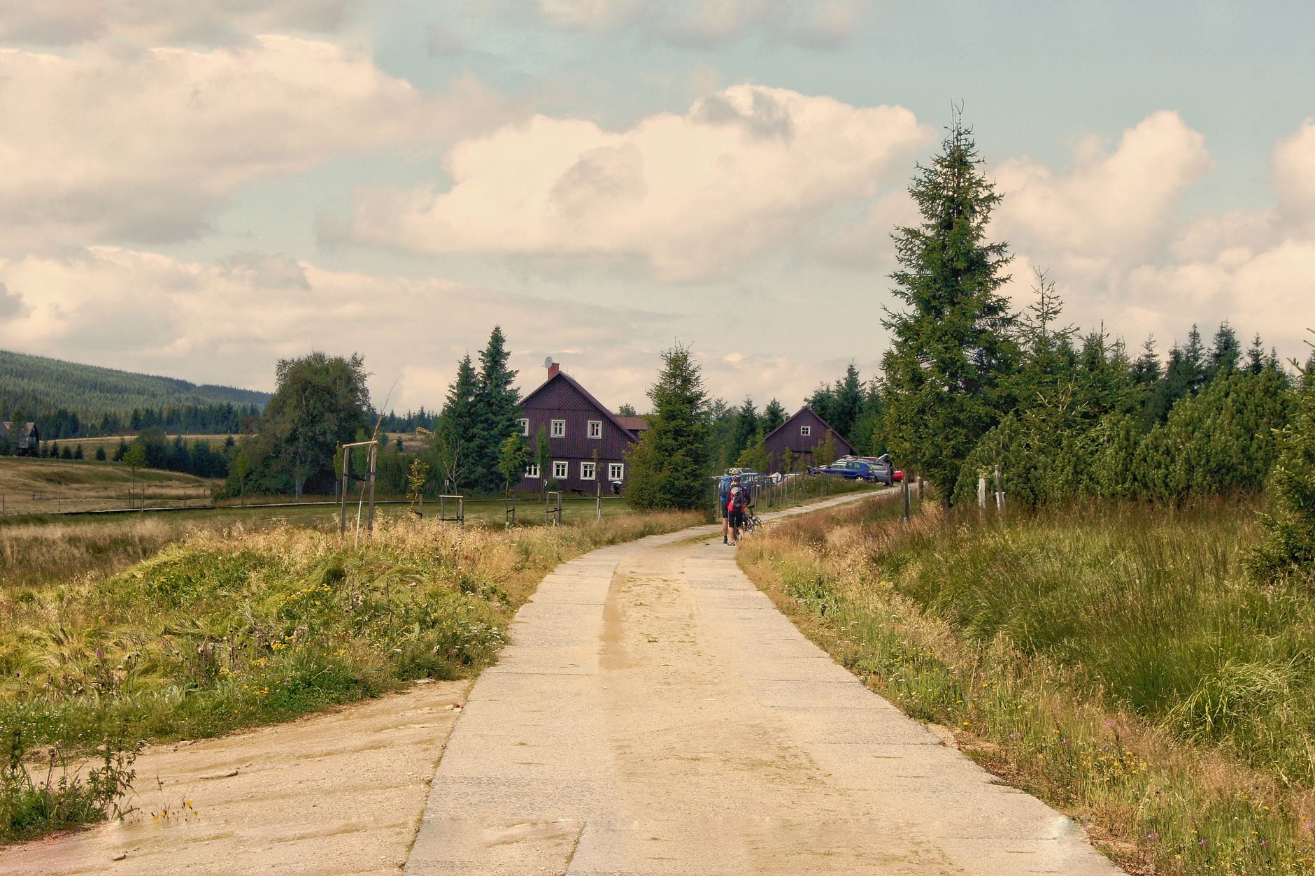 Paved pathway leading to traditional houses in a lush countryside, featuring bicyclists under a cloudy sky.