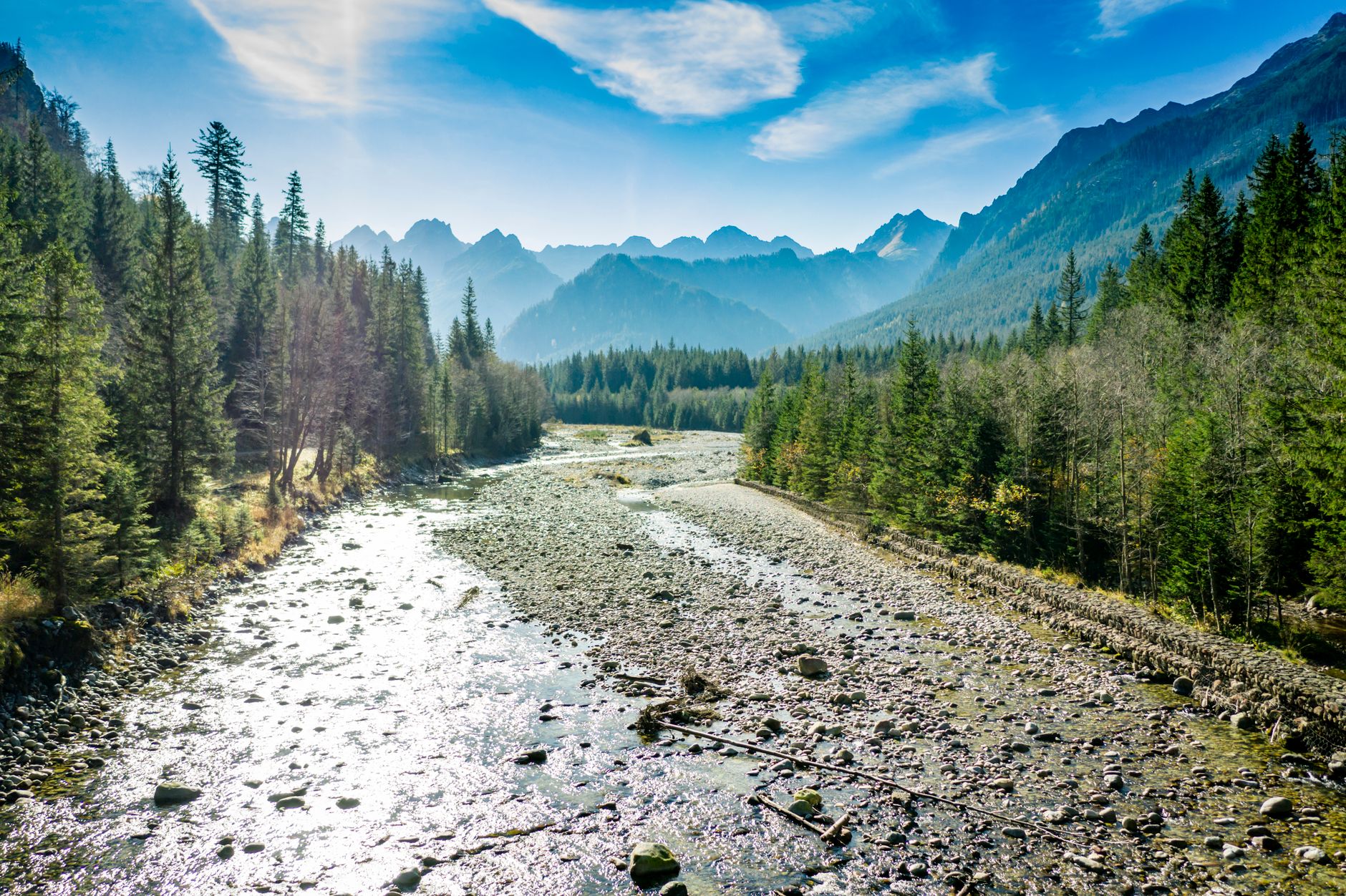 Beautiful mountain stream in Tatra National Park, Poland, surrounded by trees and peaks.