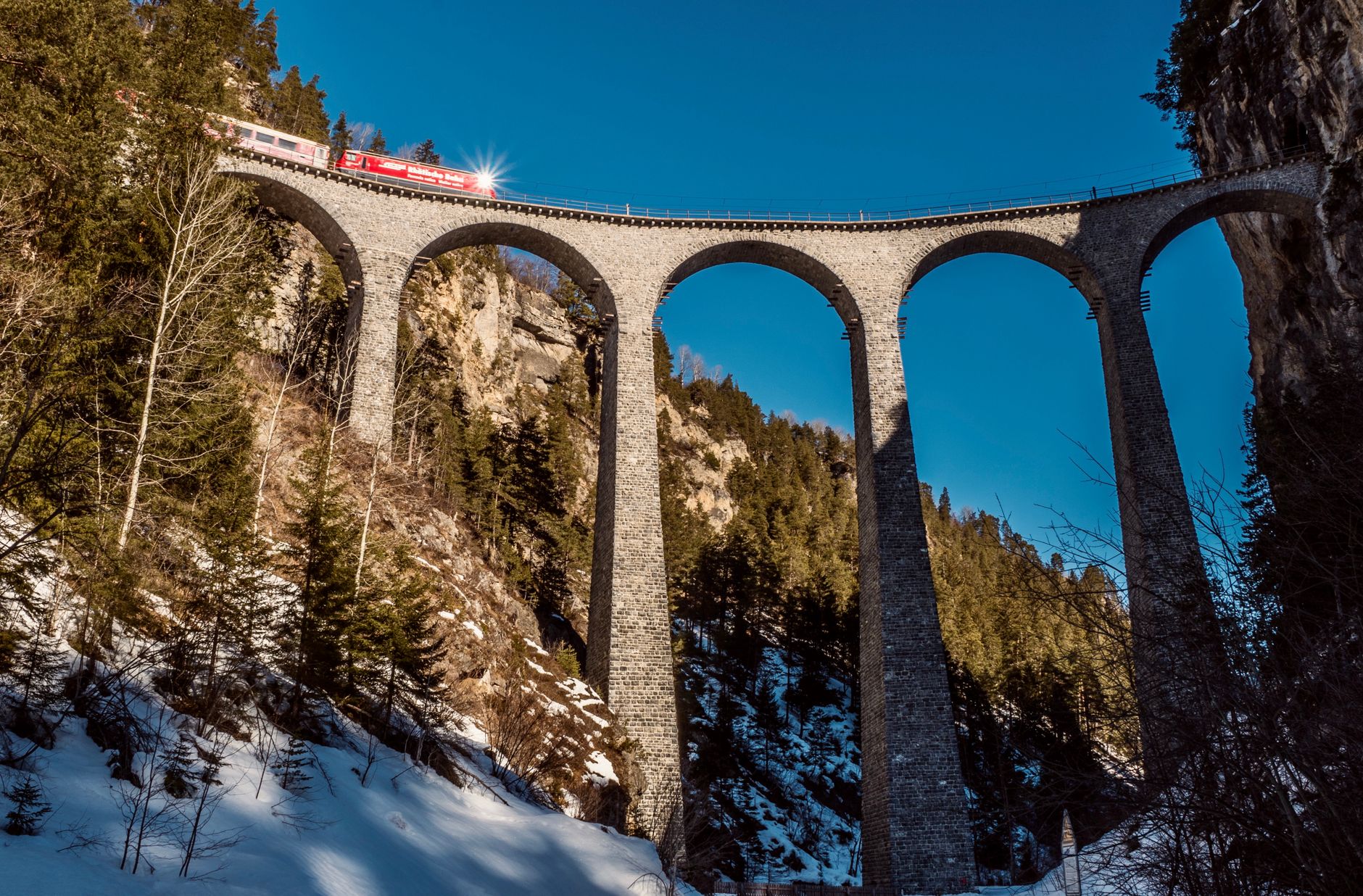 From below of train driving on arched bridge between mountains with coniferous trees under blue sky in wintertime