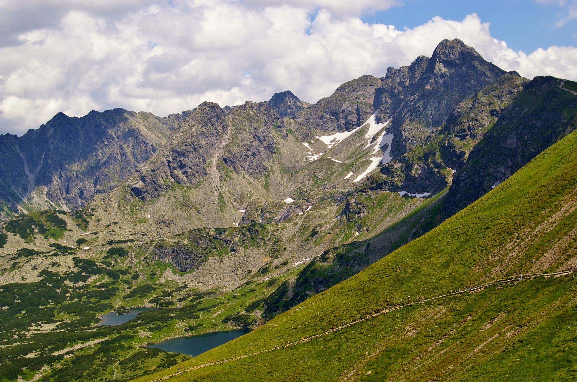 Stunning view of the rugged Vysoké Tatry mountains in Slovakia under a bright blue sky.