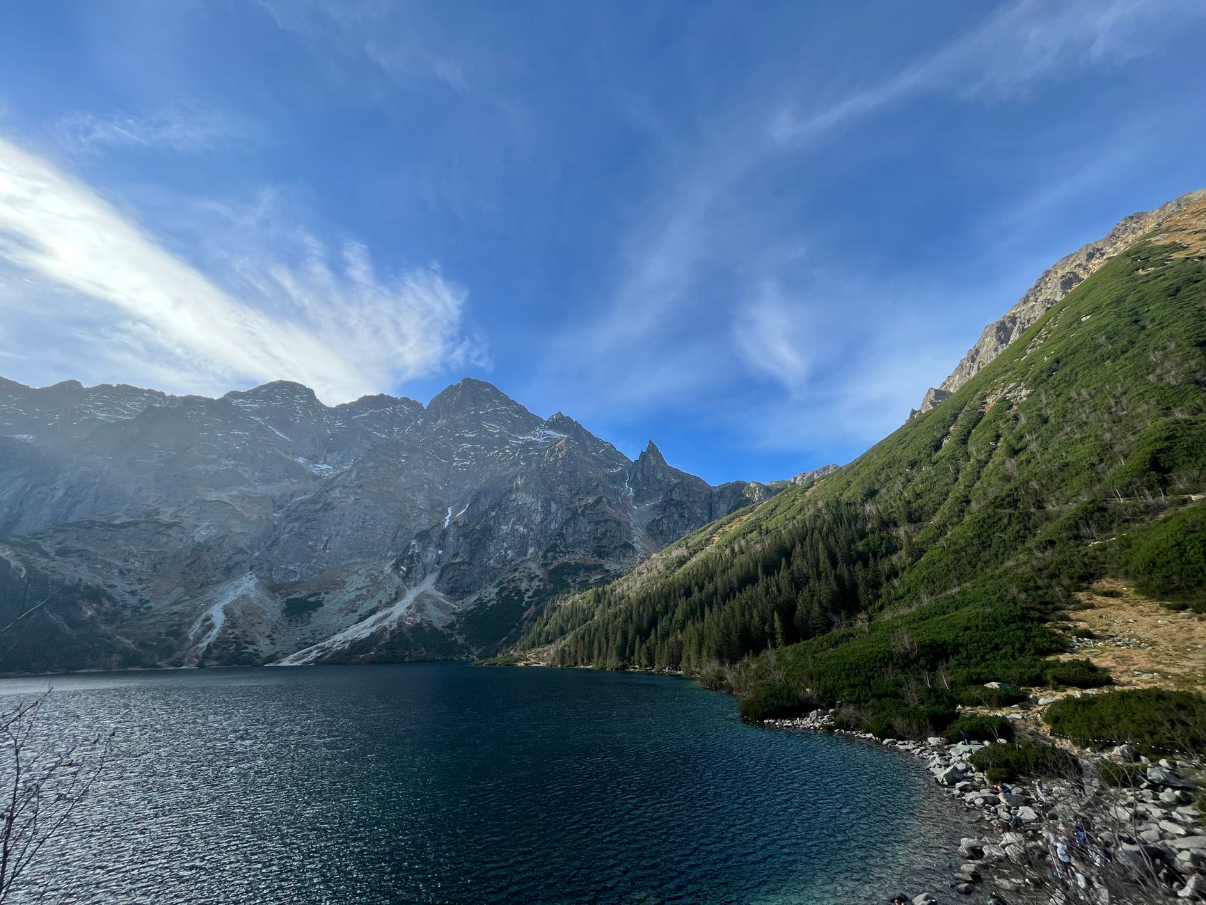 Majestic view of Morskie Oko Lake surrounded by the Tatra Mountains' rocky landscape and lush forests.