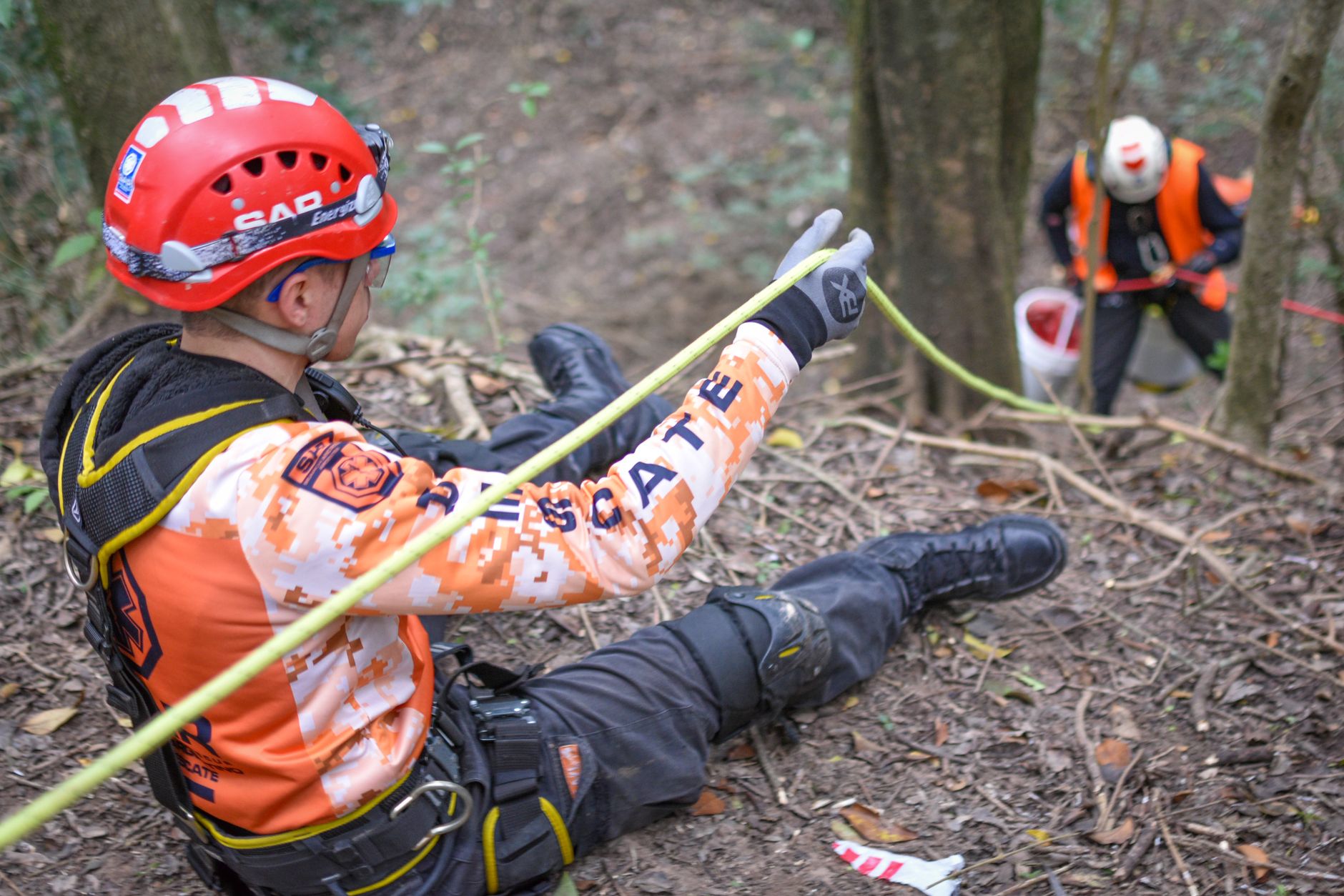Search and Rescue team conducting an operation on a forest slope using safety ropes and helmets.