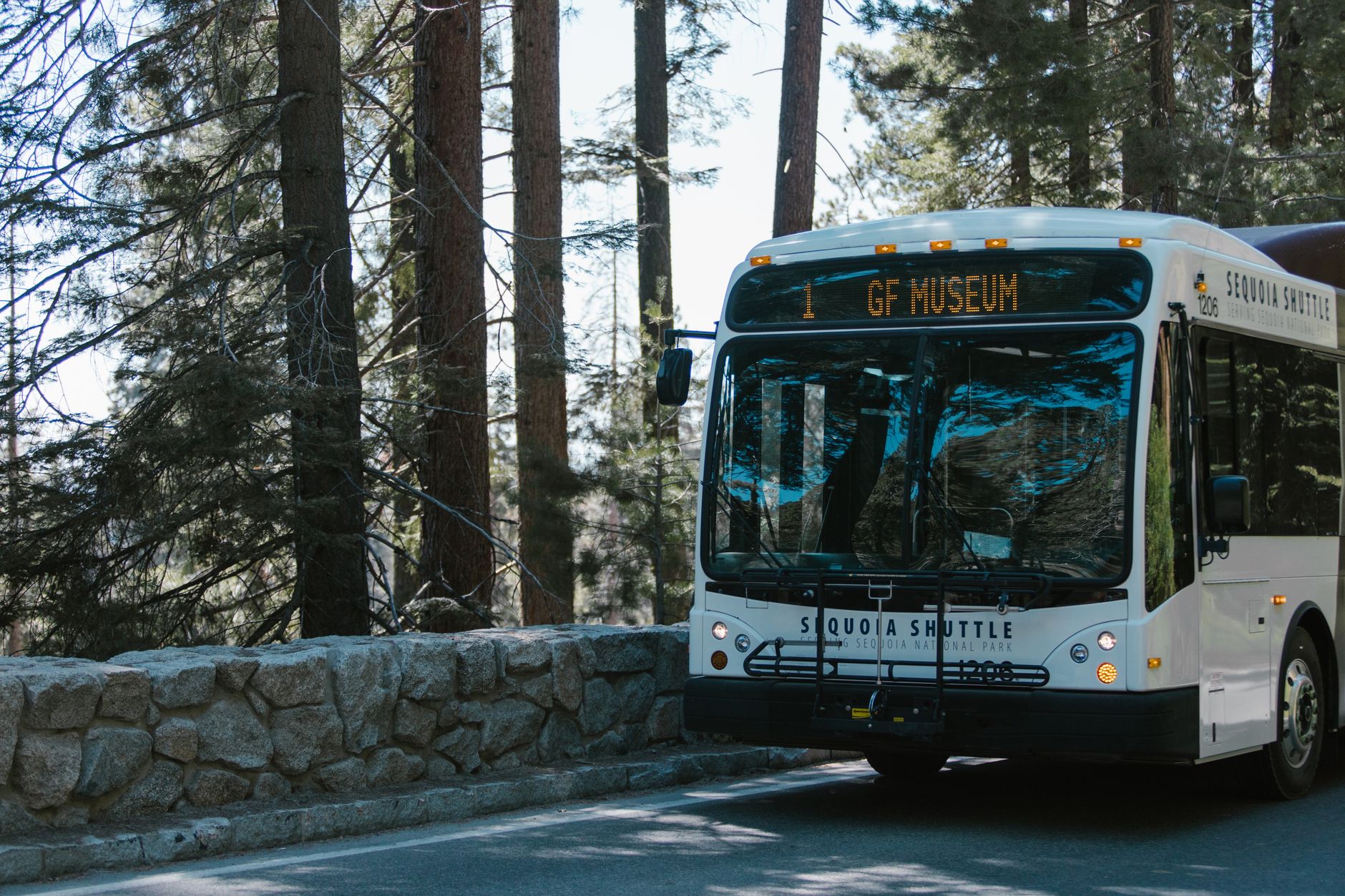 Sequoia shuttle bus in a forest setting within a national park.