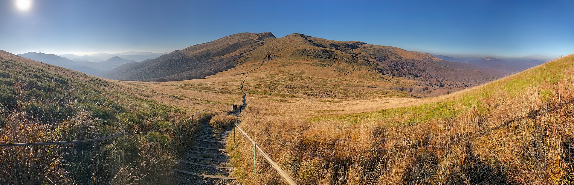 Panorama of the Bieszczady Mountains in Bieszczady National Park, seen from the slope of Krzemień before Goprowska Pass. The image shows the