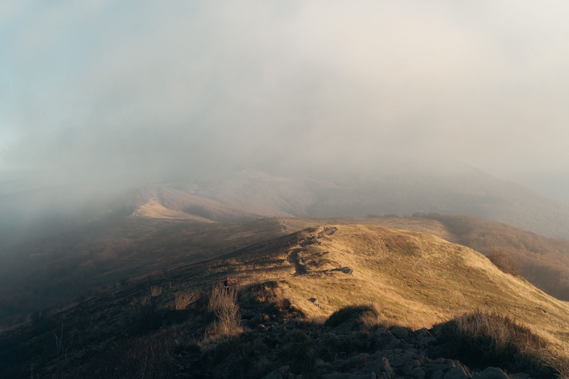 Serene view of a mist-covered mountain ridge in Bieszczady, Poland during the fall season.