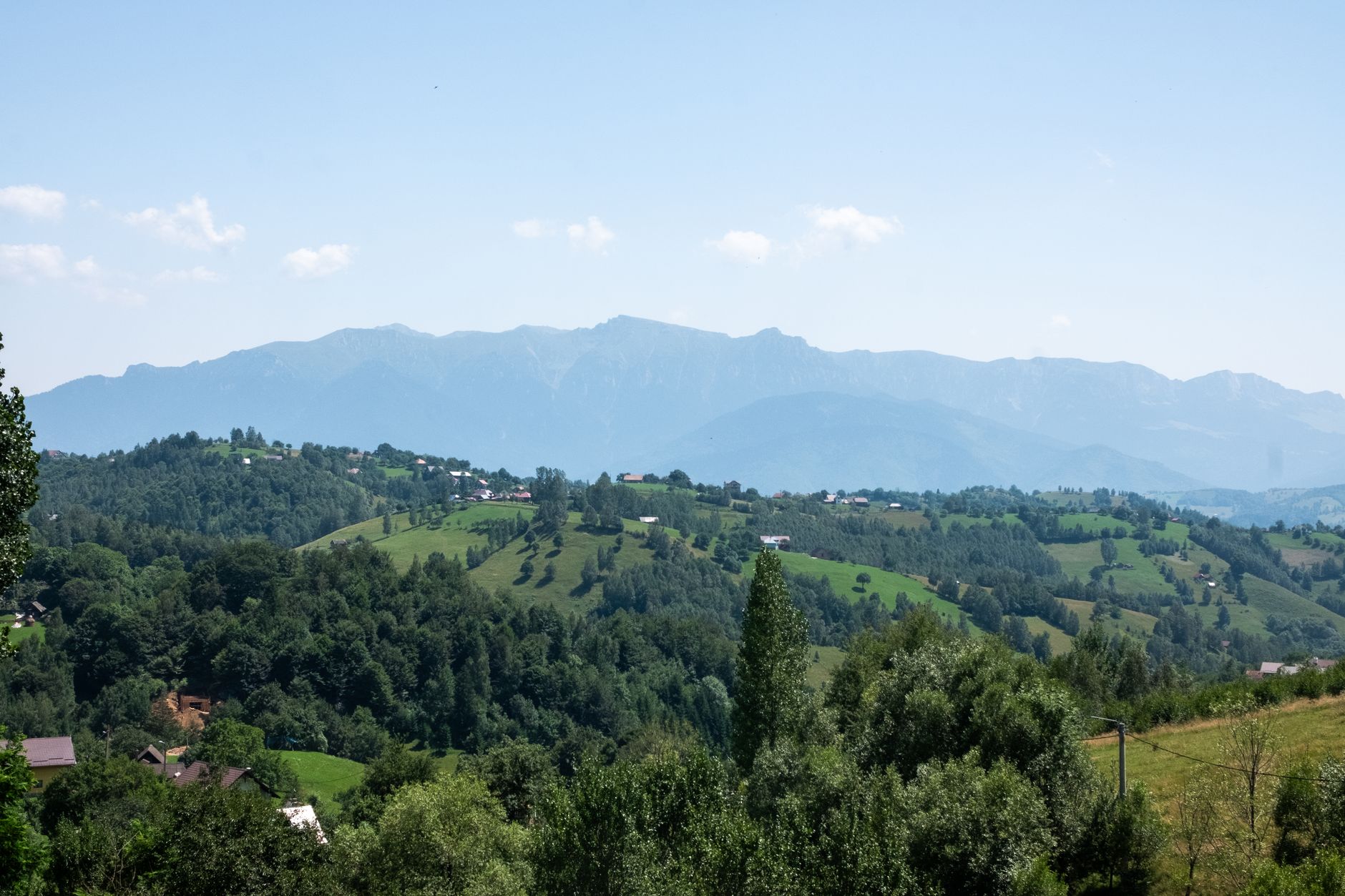 Tranquil summer landscape of Măgura hills with lush greenery under a clear sky.