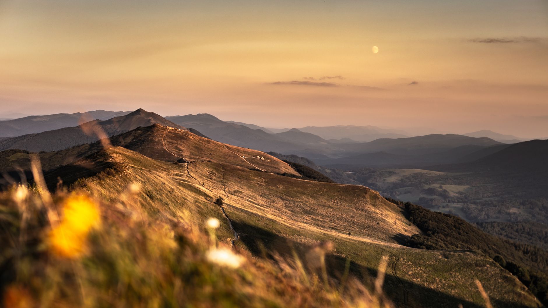 Beautiful sunset view over the Bieszczady Mountains in Podkarpackie, Poland, capturing the serene landscape.