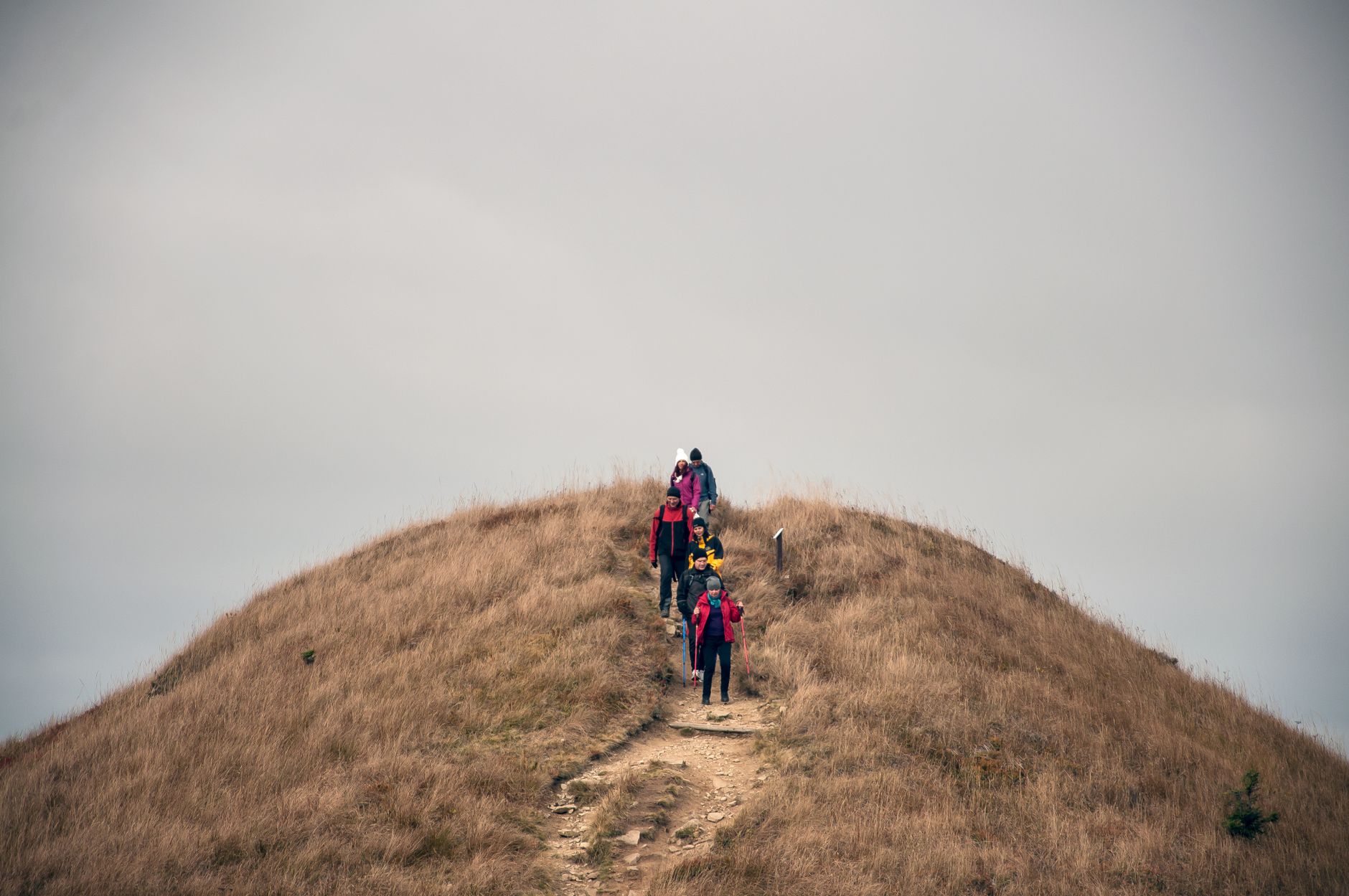Group of distant anonymous travelers standing on rural path on top of grassy hill against gray sky during trekking in nature
