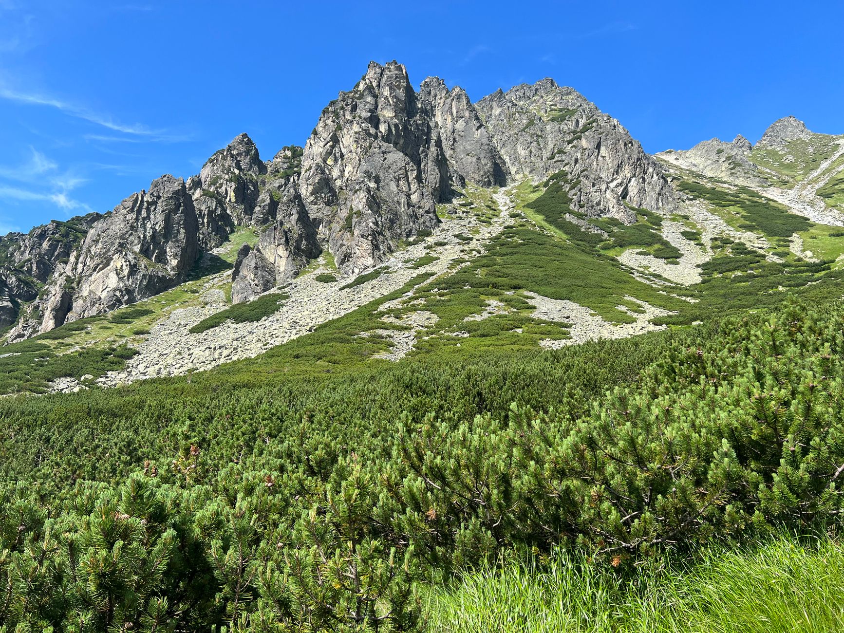 Explore the rugged beauty of Vysoké Tatry's peaks and meadows under a clear blue sky.