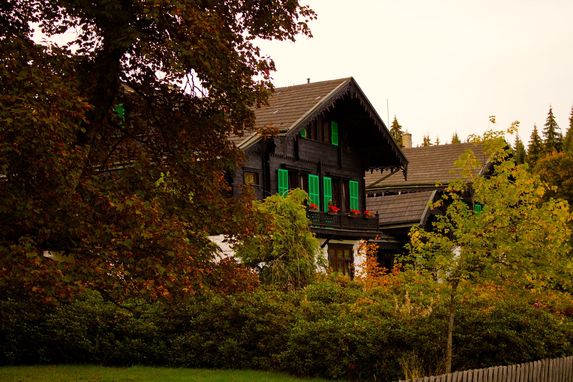A picturesque wooden cottage in Prameny, Czech Republic, nestled amidst vibrant autumnal foliage.
