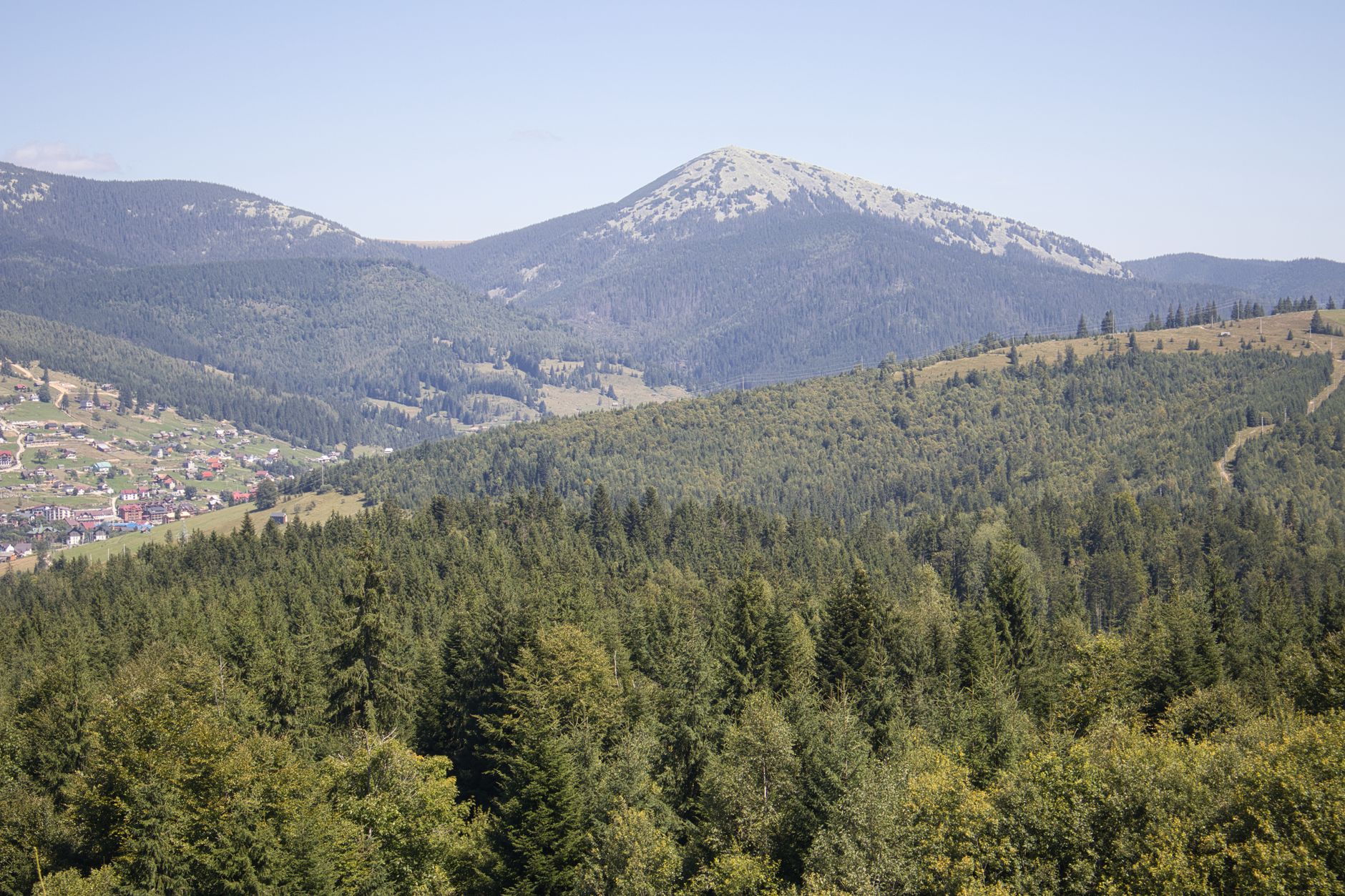 Stunning landscape of Carpathian Mountains with dense forests and clear skies.