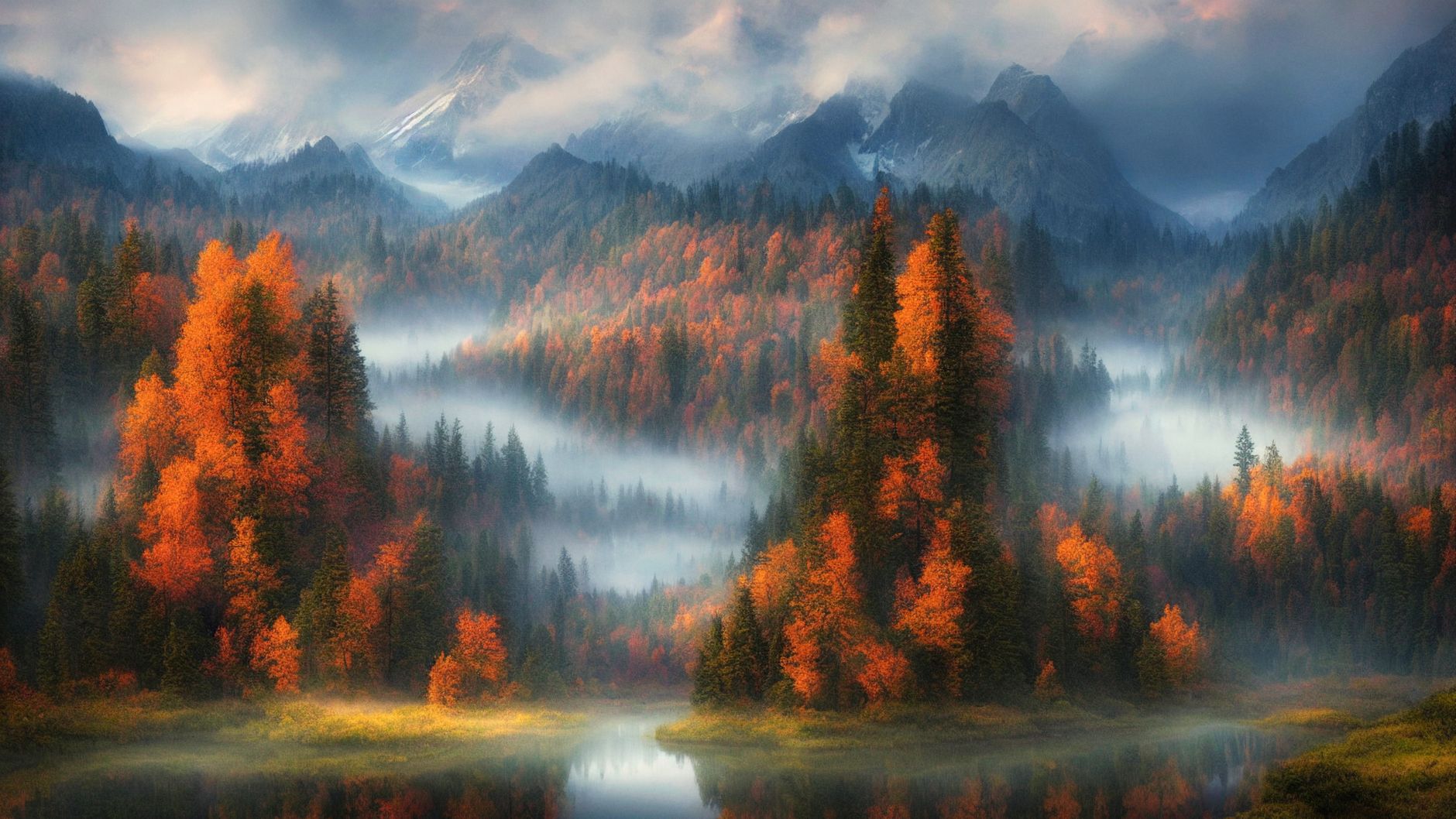 A breathtaking view of a foggy forest with autumn foliage by a tranquil lake.