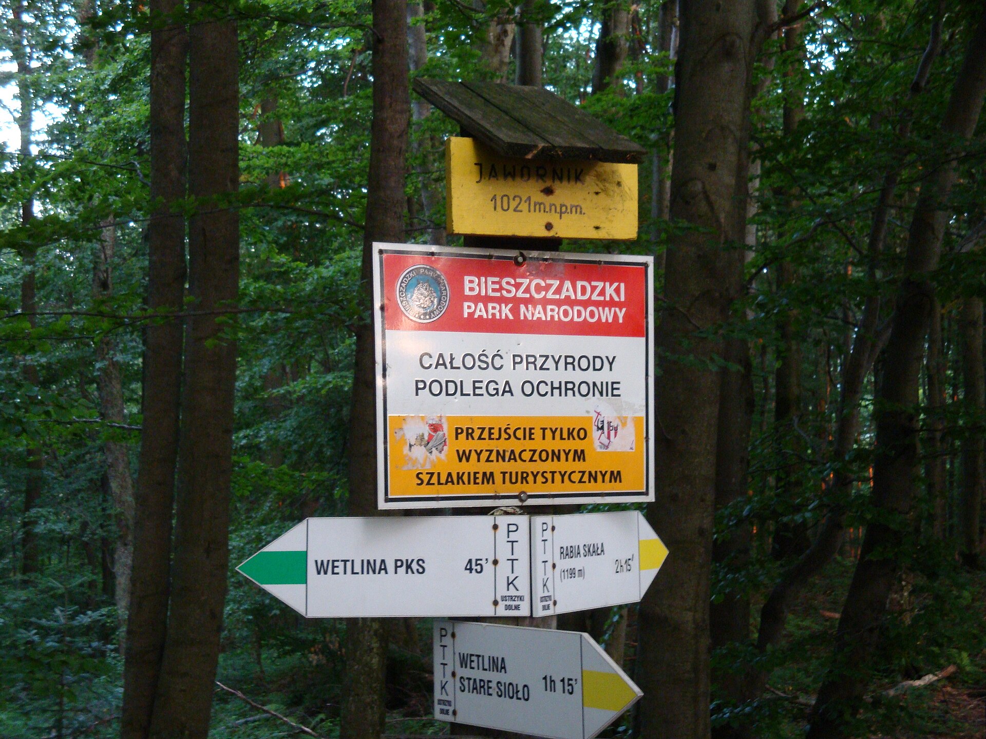Jawornik- mountain in Bieszczady (pasmo graniczne), Poland. Sign of hiking trails on top of mountain.