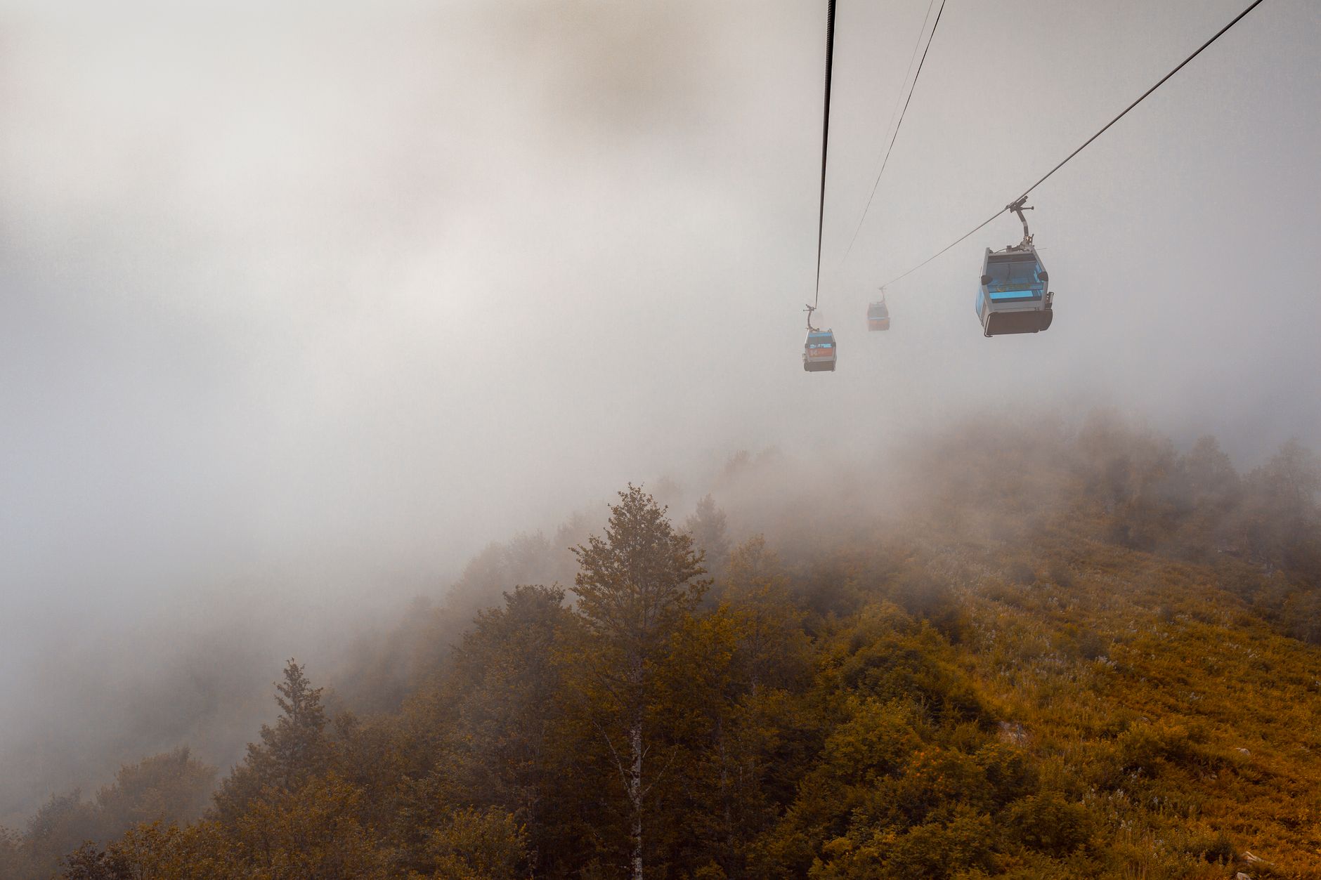 Cable cars moving through dense mist over autumnal mountains, creating a serene atmosphere.