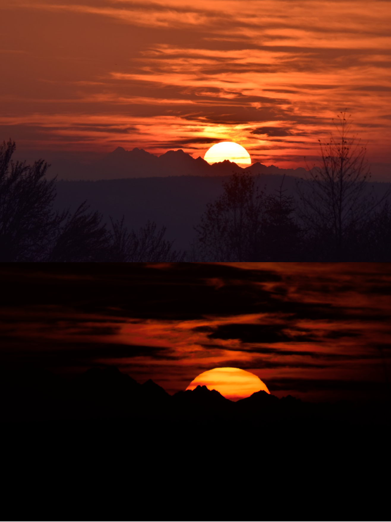 Sunset above the High Tatra Mts saw from Łęki Strzyżowskie in Poland at about 130-135km distance with the green rim visible.