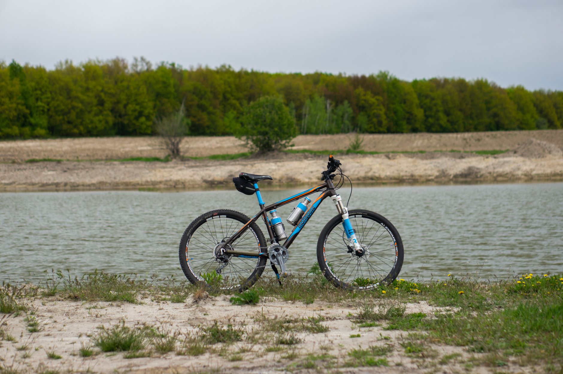 A mountain bike rests by a serene lakeside with a lush green forest in the background, under an overcast sky.